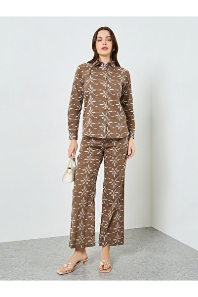 Styli Brown Embroidered Shirt and Trousers Co-Ords