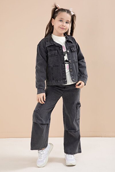 Cansın Mini Μαύρο τζιν μπουφάν και παντελόνι με τσέπες cargo, κοριτσίστικο σε...