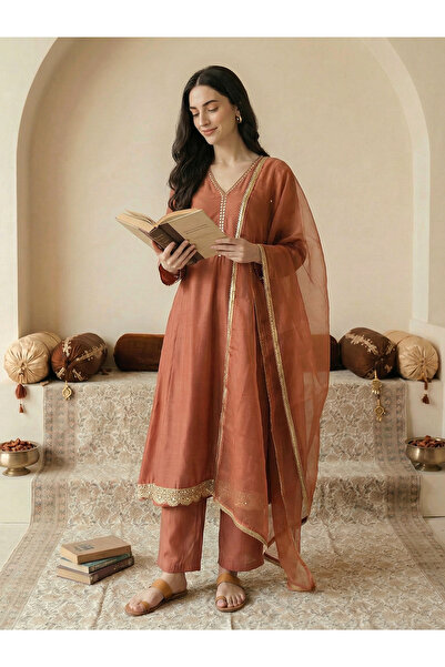 Globus By Styli Orange V-Neck Zari Embroidered A-Line Kurta with Pants and Du...