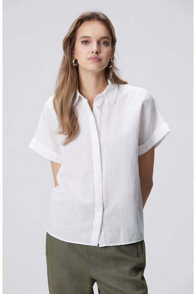 Network Beyaz Kısa Kollu Keten Mix Gömlek