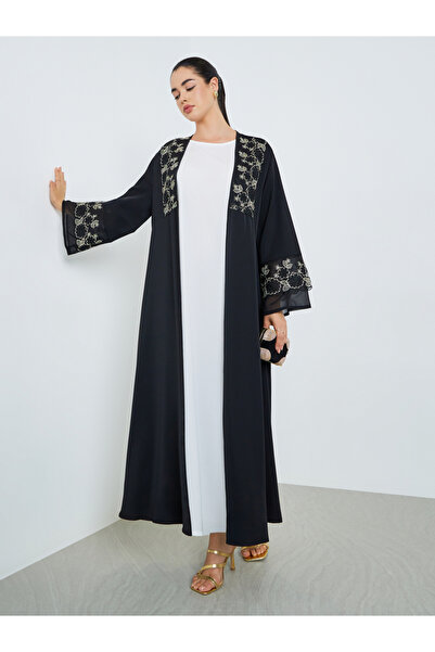 Styli Women Embellished Black Kimono Abaya with Inner Dress Set
