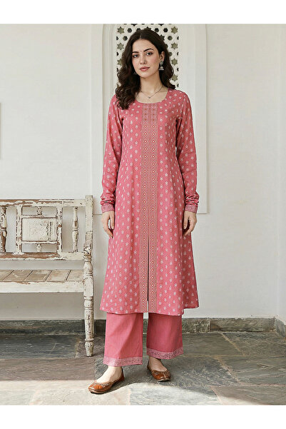 Globus By Styli Women Pink Ethnic Floral Print Kurta with Wide Leg Pants Set