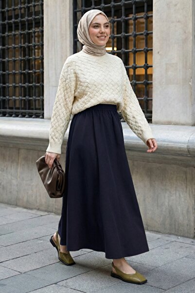 InStyle Flared Double Navy Blue Skirt with Pockets