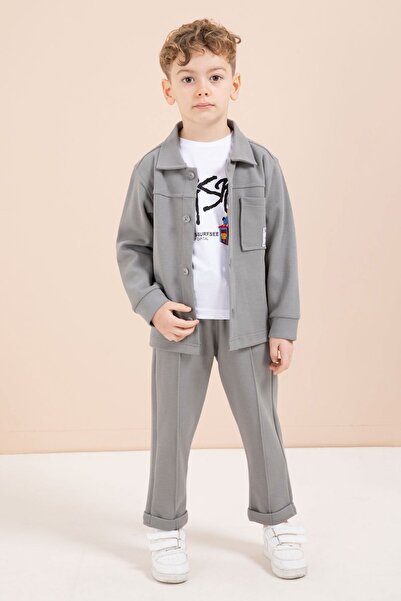 Cansın Mini Αγορίστικο σετ 3 τεμαχίων με γκρι πουκάμισο με λεπτομέρεια στο λο...