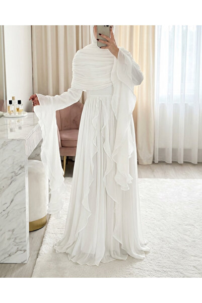 bellura Straplez Volanlı Drapeli İpeksi Abiye