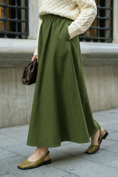 InStyle Flared Double Khaki Skirt with Pockets