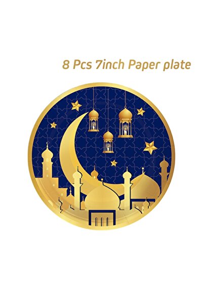 Choice 8pcs 7inch plate Blue Gold Eid Mubarak Ramadan Moon Festival Muslim Pa...