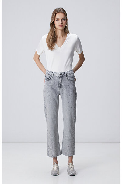 Network Açık Gri Kesik Paça Taş Baskılı Denim Pantolon