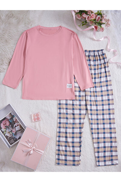 Take Two By Styli Plus Size Pink Long Sleeve Top and Checked Pyjama Set
