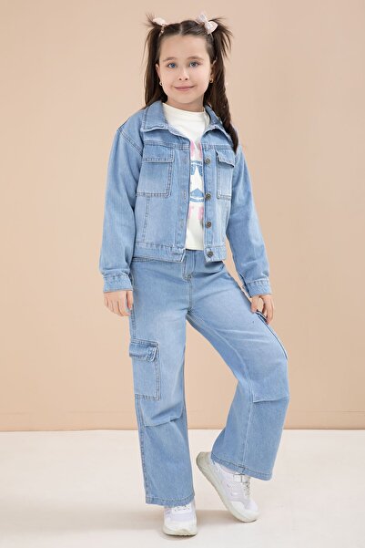 Cansın Mini Μπλε τζιν μπουφάν και παντελόνι με τσέπες cargo, κοριτσίστικο σετ...