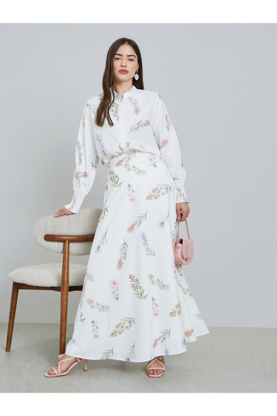 Styli White Floral Print Top and Maxi Skirt Co-ords