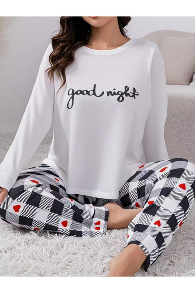 Take Two By Styli Slogan Printed Long Sleeve Top and Checked Pyjama Set
