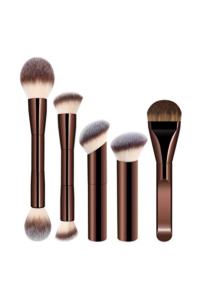 Choice مجموعة فرش مكياج أساس بنية اللون مكونة من 5 قطع، فرشاة كابوكي مزدوجة ا...