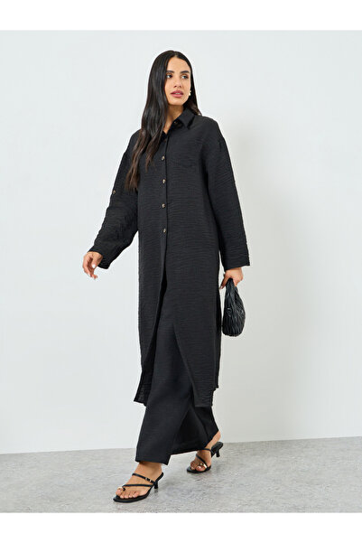 Styli Black Buttoned Shirt Kimono and Pant Co-ords