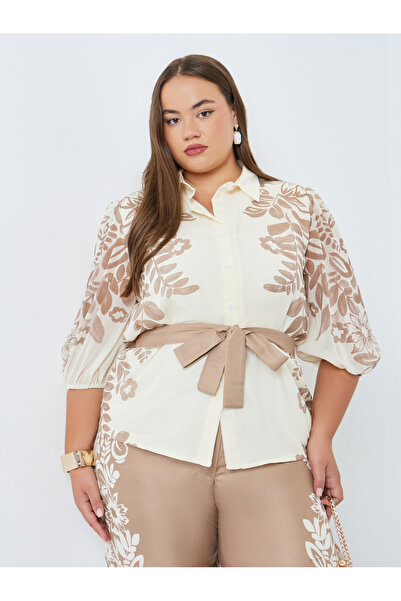Styli Plus Size Floral Print Belted Blouse