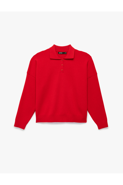 Koton Uzun Kollu Düğmeli Polo Yaka Oversize Triko Kazak