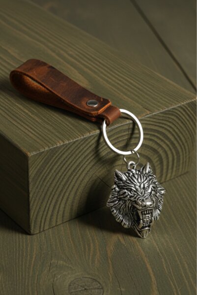 AB Takı Big Wolf Design Real Leather Keychain Fashion Key Holder Genuine Leat...
