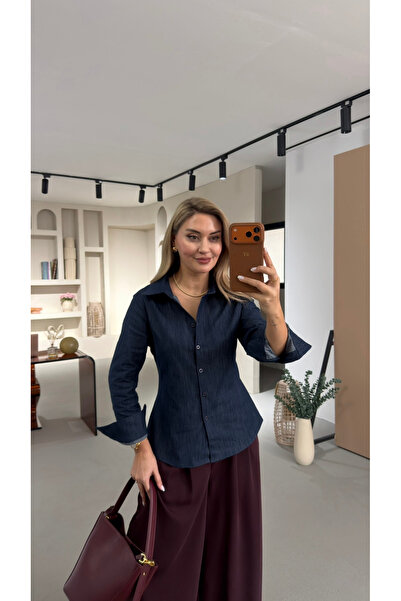 Sezgi Tekin Back Pleated Navy Blue Denim Shirt