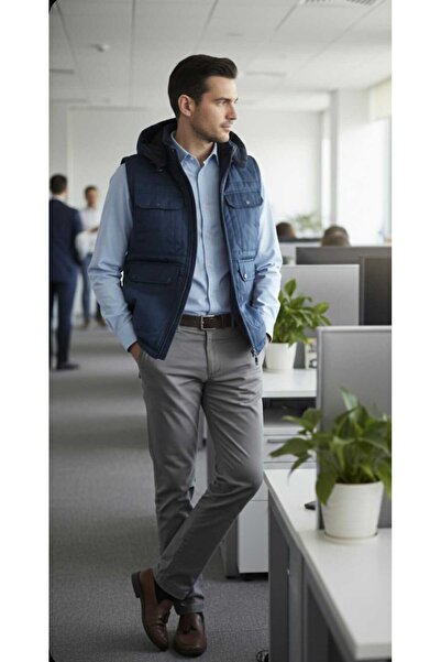 HAMİTOGULLARI سترة بقلنسوة باللون الأزرق الداكن مع جيوب وجيوب جانبية