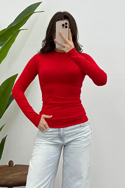 Bipantolon Women's Red Crew Neck Long Sleeve Blouse