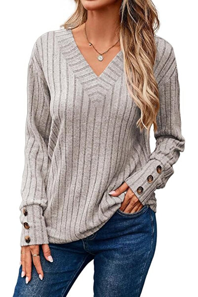 Dokotoo Loose blouse with long sleeves and button placket, cream XL