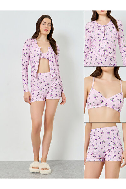 Styli طقم مكون من 3 قطع - حمالة صدر غير مبطنة، شورت، وسترة كارديجان بنقشة زهو...