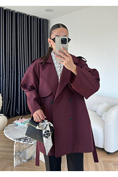 My Blog Burgundy Epaulet Short Trench Coat - 7556