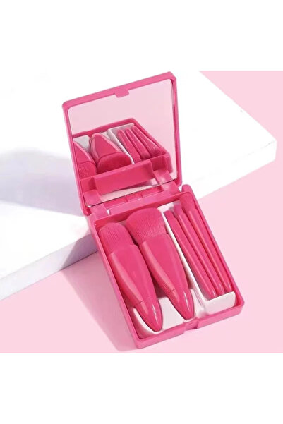 Choice3 مجموعة فرش مكياج صغيرة من 5 قطع باللون الأحمر الوردي مع مرآة - فرش تج...