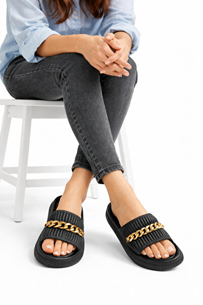 STOCON Papuci de vară pentru femei, cu talpă groasă, cu detaliu de lanț, conf...