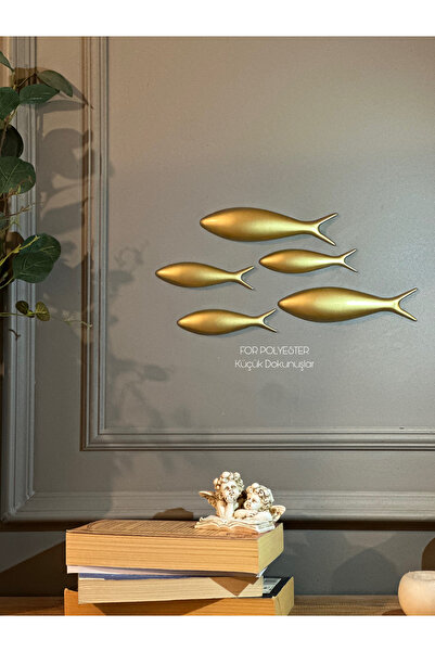 FOR POLYESTER Küçük Dokunuşlar 5’li Takım Balık Duvar Aksesuarı Altın Biblo/D...