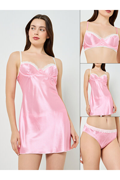 Styli Women Pink Gingham Babydoll with Bra and Brief Set
