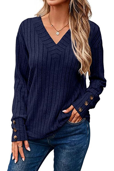 Dokotoo Loose blouse with long sleeves and buttoned placket, blue M