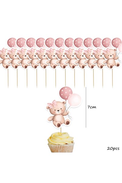 Choice 20 قطعة وردية اللون على شكل دب كرتوني، 20 قطعة من زينة الكب كيك الورقي...