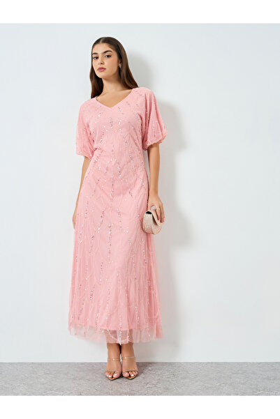 Styli Women Peach Embellished Mesh Maxi Dress