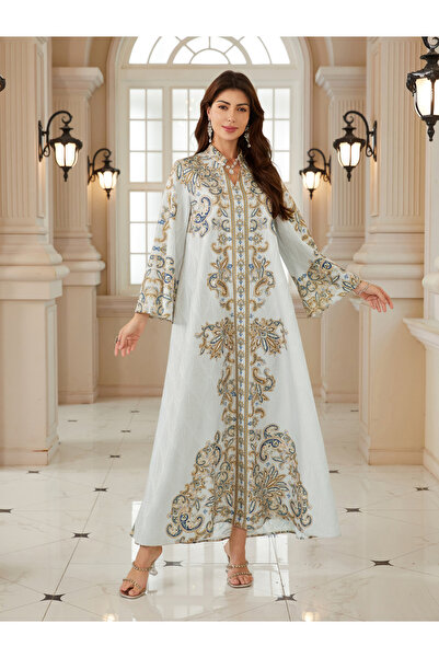 Take Two By Styli Women Textured Floral Printed Collared Jalabiya