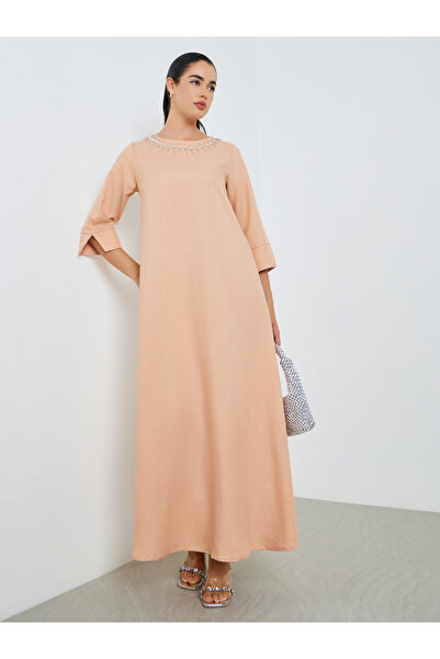 Amirah By Styli Women Linen Look Twill 3/4 Sleeve Jalabiya