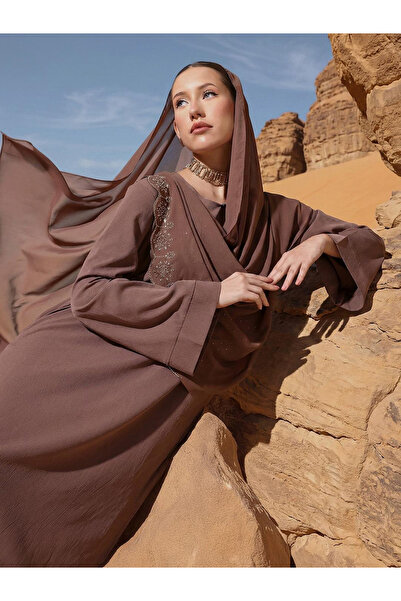 Ishin By Styli Brown Georgette Regular Abaya with Embellished Hijab