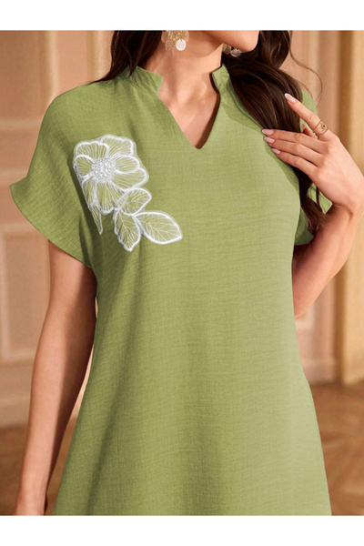 Take Two By Styli Women Floral Patch Detail Open Collar Maxi Dress