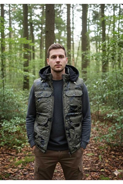 HAMİTOGULLARI سترة بقلنسوة مموهة باللون الكاكي مع جيوب وجيوب جانبية