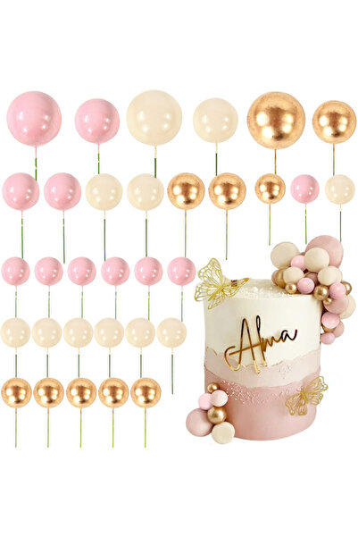choice2 Set1 32Pcs Pink Gold Ball Cake Toppers Set Pearl Ball Cupcake Topper ...