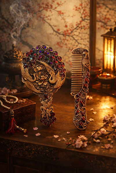 seymenbıçakçılık Motifli El Aynası & Tarak Seti | Vintage Gold Şık Tasarım | ...