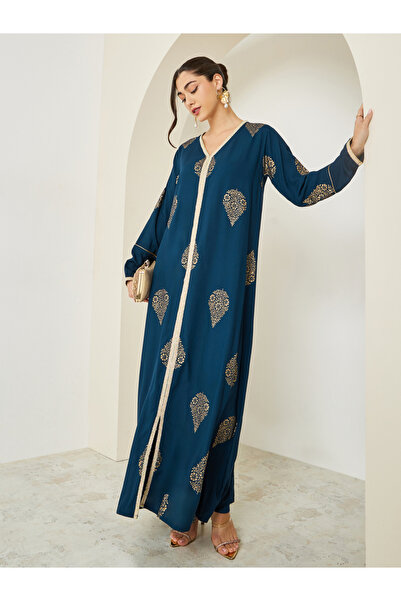 Amirah By Styli Women Navy Blue Foil Print A-Line Jalabiya