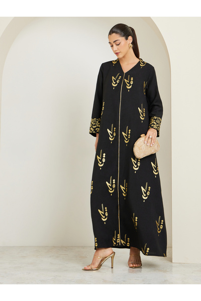 Amirah By Styli Black Maxi Jalabiya with Foil Print