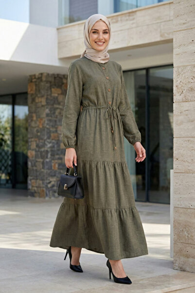Hb Harma Time Butik Women's Buttoned Lace-Up Khaki Hijab Linen Dress