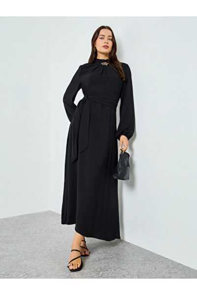 Take Two By Styli Black Pleated Detail Balloon Sleeve Maxi Dress