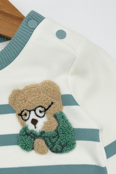 Ege Bebek Baby Boy 100% Cotton Striped, Teddy Bear Embroidered 0-1-3-6-9 Months Waffle Pants Baby Set
