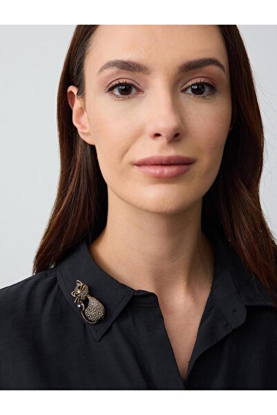 Jimmy Key Siyah Kedi Figürlü Taş Detaylı Broş