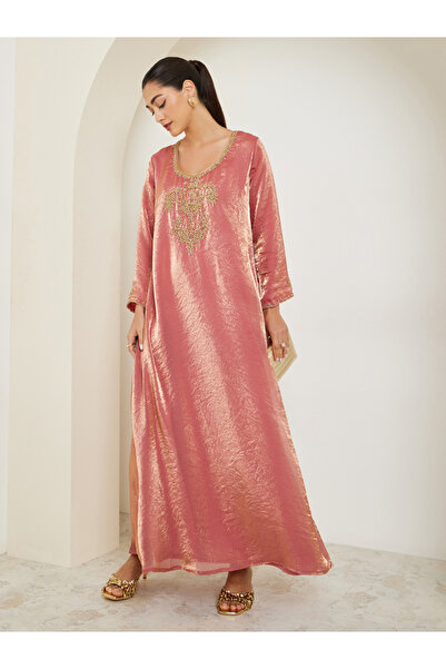 Amirah By Styli Peach A-Line Jalabiya with Gold Embroidery