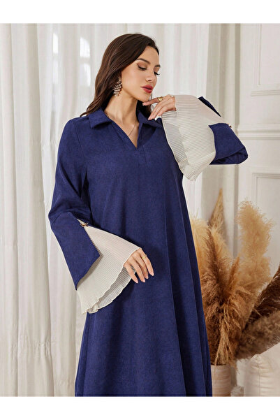 Take Two By Styli Navy Blue Open Collar Jalabiya with Bell Sleeves