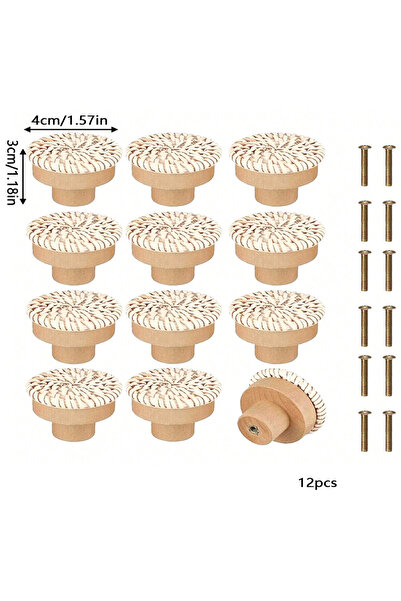 Choice12 12Pcs A Boho Rattan Knobs Wood Handles Handmade Wicker Woven Round C...